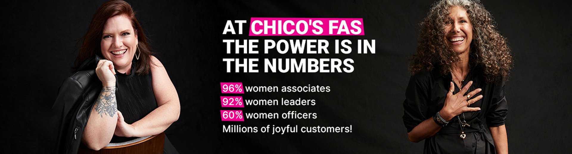 At Chico's FAS the power is in the numbers. 96% women Associates, 92% women leaders, 60% women officers.